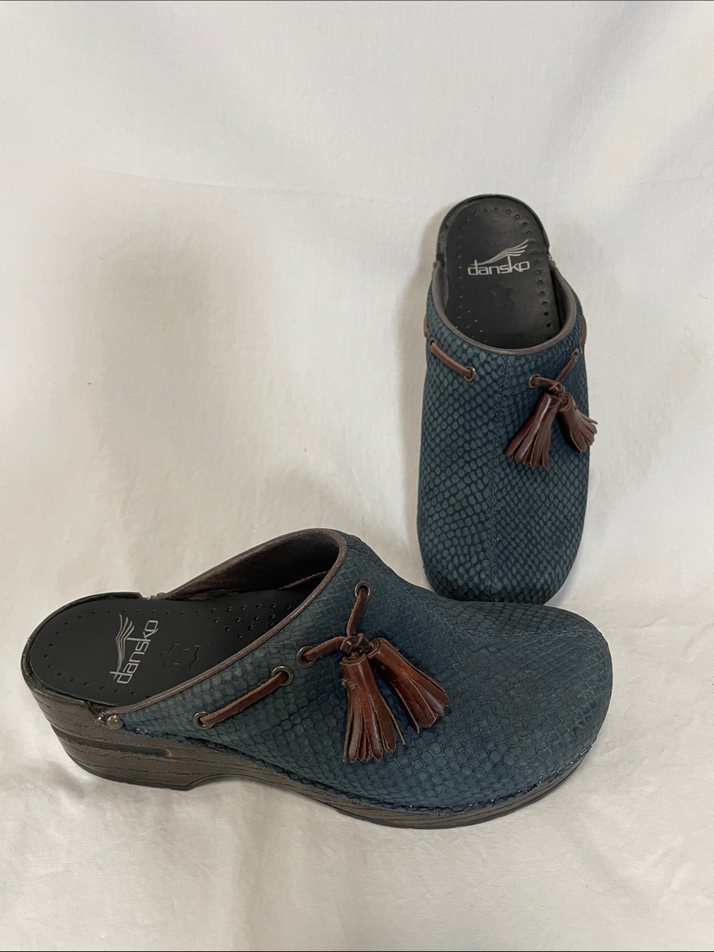 Dansko “Shandi” clog in Blue Snake Nubuck Leather with leather tassels, Sz 36